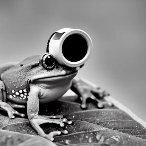 Prompt: camera lens frog, monochrome