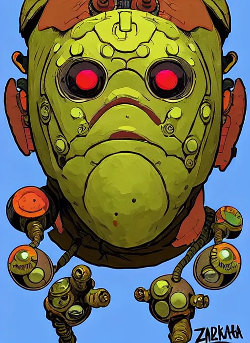 Image similar to biopunk goron mask link from zelda!! portrait illustration, pop art, splash painting, art by geof darrow, ashley wood, alphonse mucha, makoto shinkai