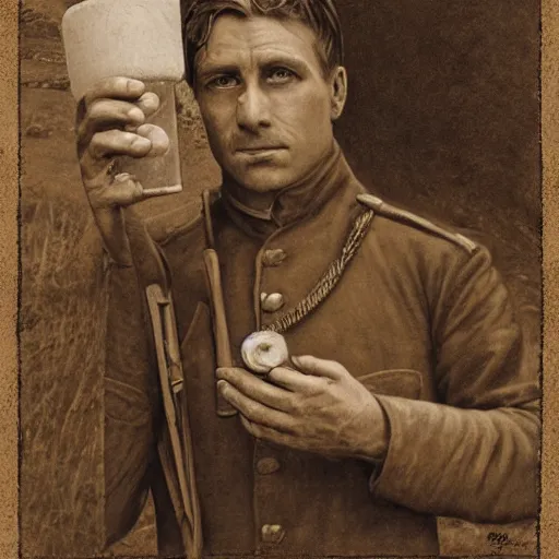 Image similar to a detailed photorealistic sepia - toned color portrait painting of a 1 9 1 7 worried clean - shaven british lieutenant in field gear in north arabia examining an ancient cylindrical clay jar, ultra realistic, intricate details, atmospheric, dark, horror, brooding, highly detailed, by clyde caldwell