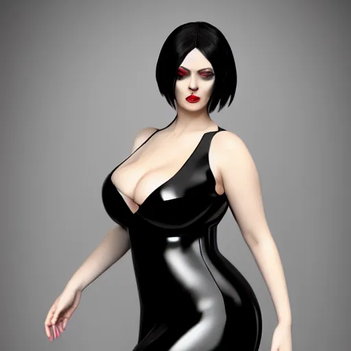 Image similar to a curvy pale goth woman wearing an elegant tight shiny latex high-neck dress, cgsociety, photorealistic, sublime-cool-hot-hyperadvanced, 16k, smooth, sharp focus, trending on ArtStation, volumetric lighting, fully clothed, thin waist