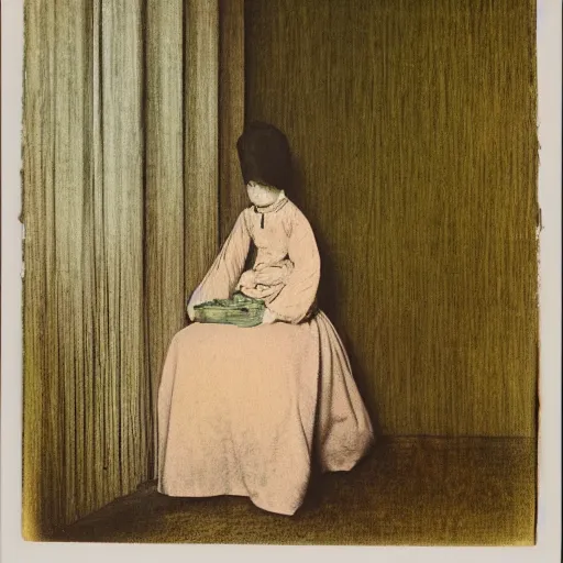 Image similar to a lonely girl in an empty room, colored daguerreotype, by Mackintosh, by Max Ernst, art noveau, Baroque wallpaper pastel colors,