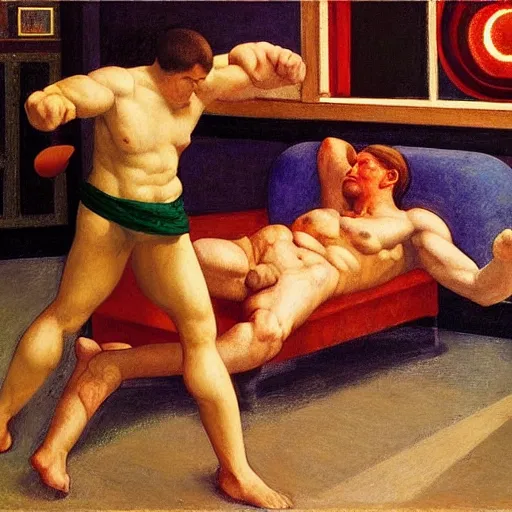 Image similar to fight between greeks gods in an hotel room, hyperrealistic film still by edward hopper, by gottfried helnwein, by klimt, by paolo uccello, art nouveau, highly detailed, strong lights, liminal, eerie, bright pastel colors,