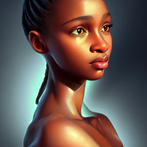 Image similar to a photorealistic hyperrealistic, bright brown eyes, light skinned african young girl, ponytail hair, flawless face, beautiful lips, cute face, by wlop, artgerm, greg rutwoski, alphonse mucha, beautiful dynamic dramatic low - light moody lighting, cinematic atmosphere, artstation, concept design art, octane render, 8 k