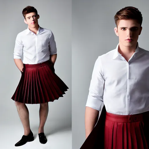 Image similar to A young pretty male model showcasing a very cute pleated miniskirt and blouse. Studio lighting