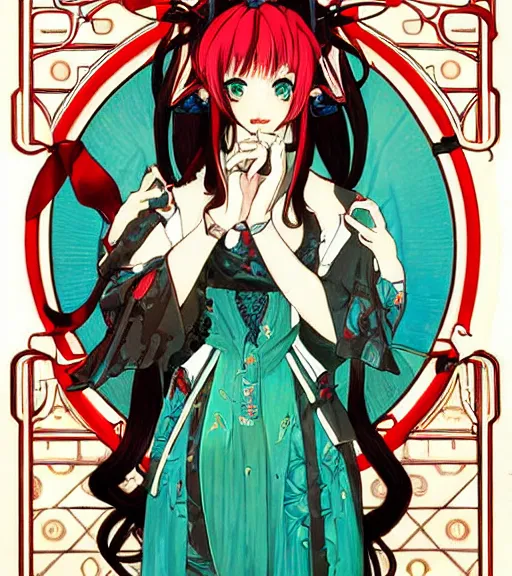 Image similar to Portrait of Hatsune Miku wearing red gothic lolita dress, perfectly drawn hands, beautiful, 4k, smooth, sharp focus, art by Alphonse Mucha and Shirow Masamune