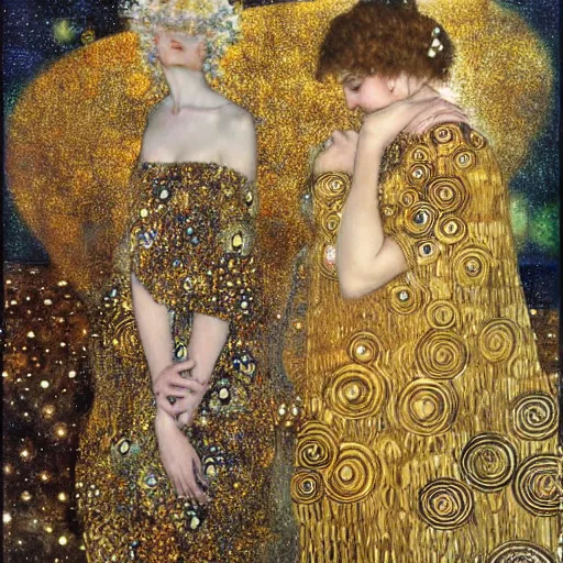 Image similar to dreamy angels, in the cosmos, intricate long shelve robes, intricate detail, klimt, royo,