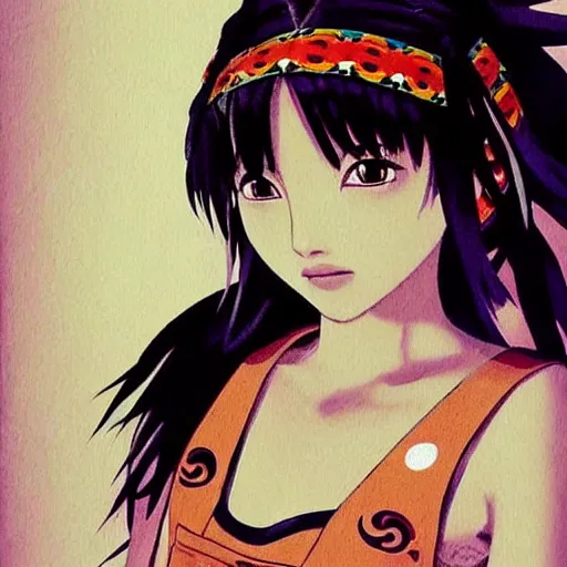 Image similar to a beautiful young japanese natalie portman alluring gravure model, anime art, wearing elegant designer overalls, elegant overalls with mesoamerican patterns, mesoamerican native street fashion, princess mononoke, painted by jamie hewlett and ashley wood, aesthetic, gorgeous, stunning, alluring, attractive, artstation, pinterest, digital art