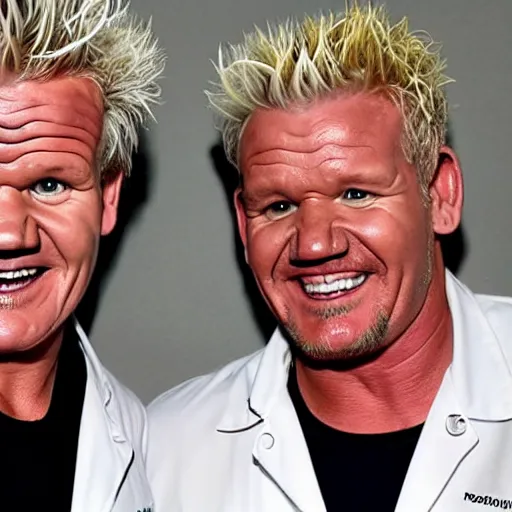 Prompt: gordon ramsay and guy fieri as conjoined twins, medical photo, had