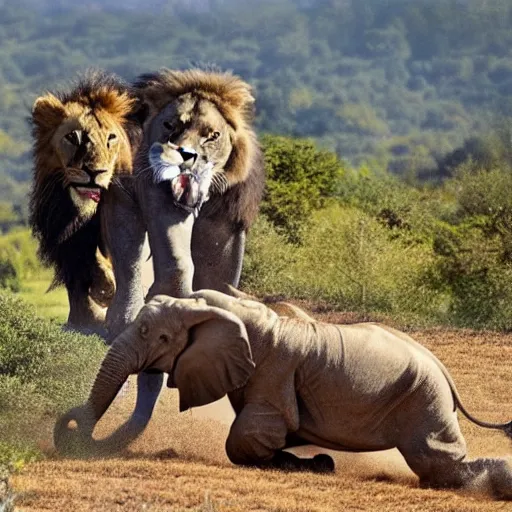 Prompt: a 4 k photo of a lion attacking an elephant on a hill