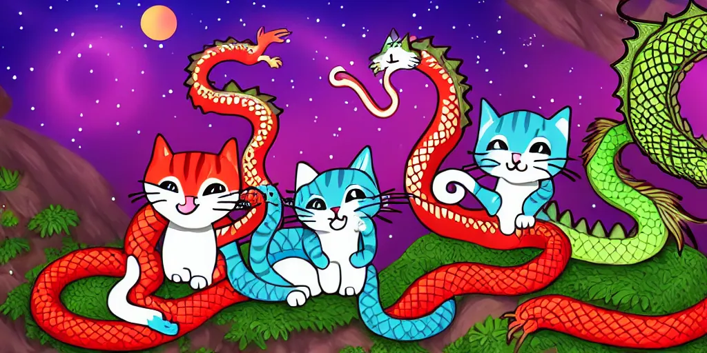 Prompt: cat dragon next to snake sing happily in fantasy forest