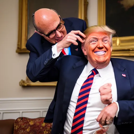 Image similar to donald trump tickling rudy giuliani, canon eos r 3, f / 1. 4, iso 2 0 0, 1 / 1 6 0 s, 8 k, raw, unedited, symmetrical balance, wide angle