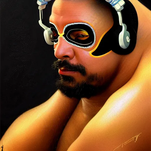 Image similar to portrait of vladimir putid as lucha libre dj, muscular, headphones, thick golden ring around the neck, fantasy, intricate, elegant, highly detailed, digital painting, artstation, concept art, smooth, sharp focus, illustration, art by artgerm and greg rutkowski and alphonse mucha