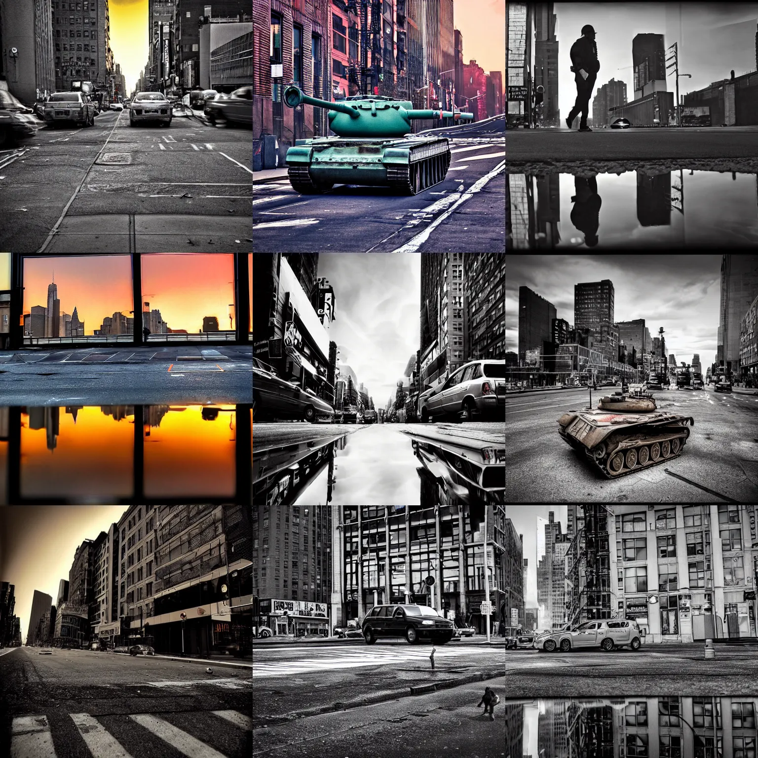Prompt: tank on the streets of new york city, reflections, award winning photograph, sunset, desolate, atmospheric