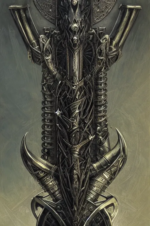 Image similar to masterpiece, medieval viking divine sword of power, shiny blade and stylized hilt, doom, elegant, majestic, epic, art by h. r. giger, greg rutkowski, josan gonzalez, alexey egorov, biomechanical, alchemy, monogram