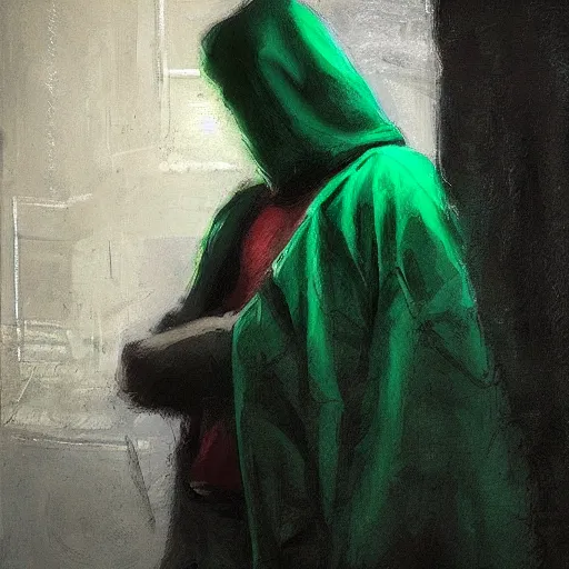 Image similar to portrait of a lost chad programmer with green hood by jeremy mann, dramatic lighting, close up