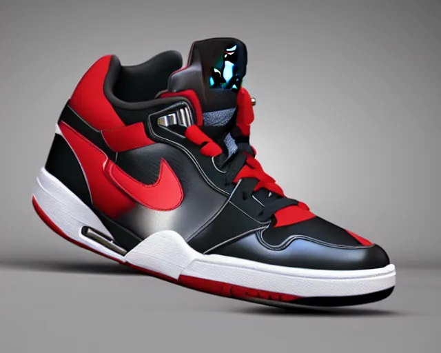 Image similar to 3D render of mid height air jordan sneakers with joker design, cinematic, studio lighting, award winning