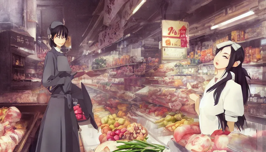 Prompt: photography of a woman grocer with frock, looks like ziyi zhang ， ponytail, grocery store around, winter, anime style character, clean soft lighting, backlit beautiful face, clean brush stroke, 8 k character concept art, by wolp and artgerm ， 3 d