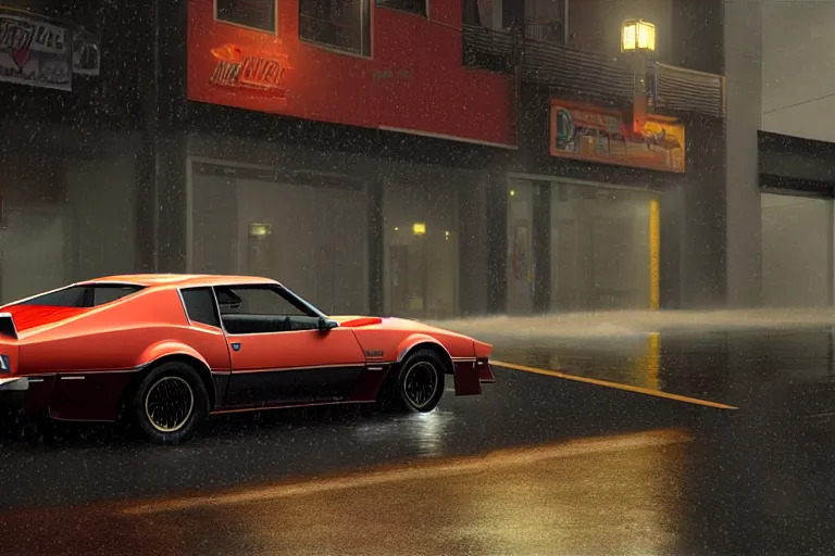 Image similar to hyperdetailed, photorealistic photograph of a 1 9 8 2 pontiac firebird trans - am drifting in the streets, rain, night, dense fog, hd, unreal engine 5 by greg rutowski, by stanley artgerm, by alphonse mucha