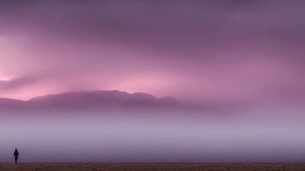 Image similar to a lone figure at the distance on soft glow pink desert with snow mountains and cloudy skies, purple fog, thunderstorms in the distance, long exposure, detailed, hyper realistic, photorealism, landscape, ultra wide angle view, peaceful, cinematic, volumetric lighting, god ray through clouds