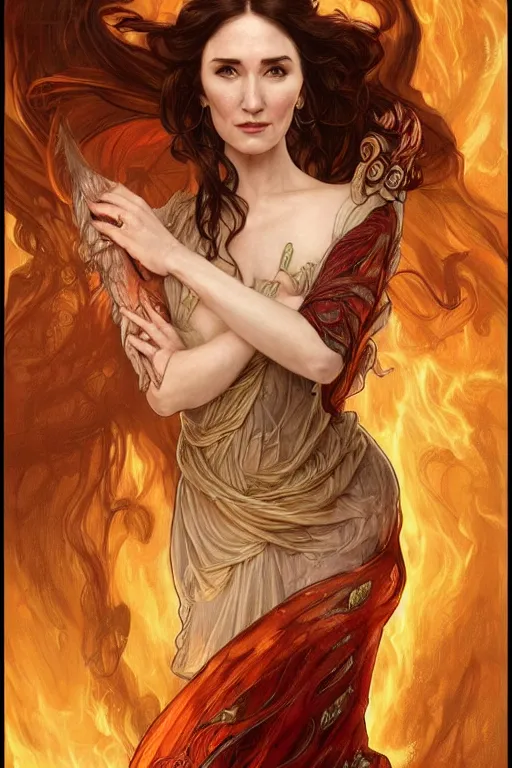 Prompt: carice van houten as a fire priest, cute, fantasy, intricate, elegant, highly detailed, digital painting, 4 k, hdr, concept art, smooth, sharp focus, illustration, art by artgerm and h r giger and alphonse mucha