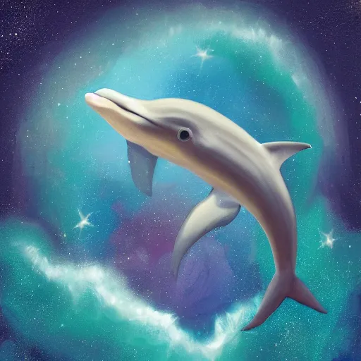 Prompt: Boy traveling through space on a dolphin, digital painting