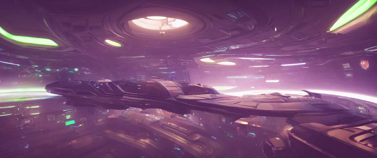 Image similar to futuristic spaceship with neon glow, in the space station, by Finnian MacManus, unreal engine 5 render, details, foggy, dune mood
