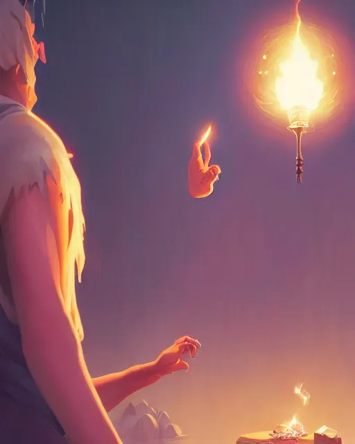 Image similar to highly detailed vfx portrait of an old mage casting a light spell, unreal engine, greg rutkowski, loish, rhads, beeple, makoto shinkai and lois van baarle, ilya kuvshinov, rossdraws, tom bagshaw, alphonse mucha, global illumination, detailed and intricate environment