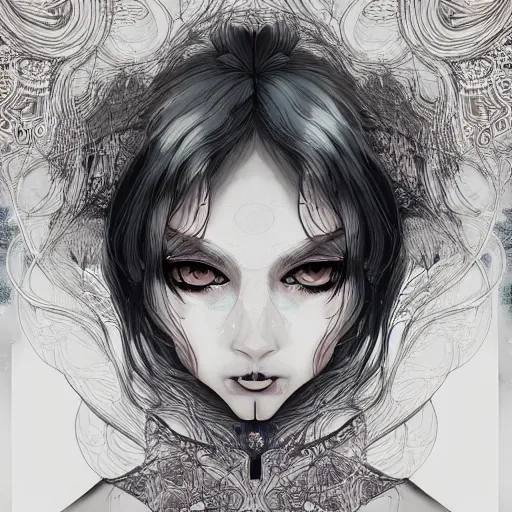 Image similar to glitchcore ghost, heroine, beautiful, detailed symmetrical close - up portrait, intricate complexity, in the style of artgerm and kazuki tanahashi, cel - shaded