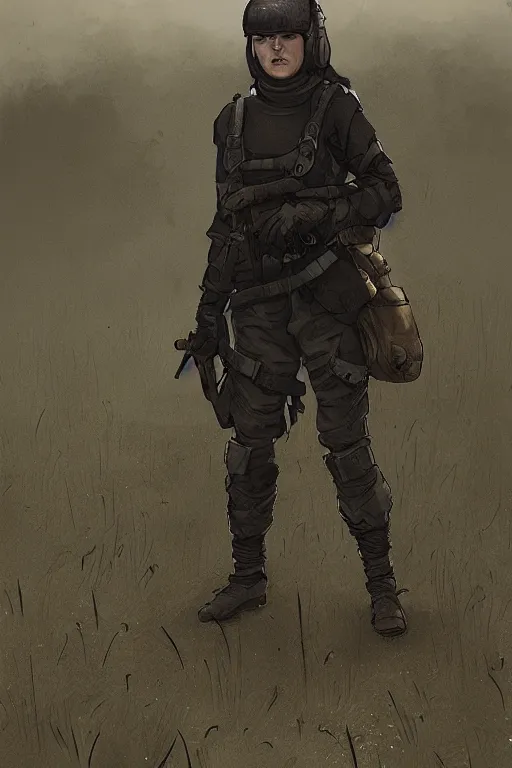 Image similar to medieval british sas female operative with the standard black uniform, artstation, trending on artstation, establishing shot, by simon stalenhag