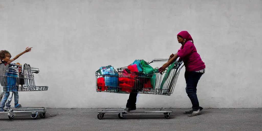 Image similar to homeless mother pushing a shopping cart with a child riding in it, in front of a blank wall