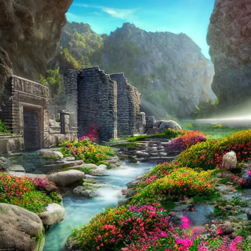 Prompt: A realistic detailed photo of an ancient city, nature, rock debris, flowers, blue sunny sky, beautiful landscape, amazingly beautiful landscape, clear water, light particles, detailed light, realistic shaders, trending on artisation, detailed textures, detailed, realistic.