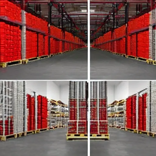 Image similar to two frames of equal size, the first a warehouse full of boxes, the second is the same picture but the boxes are red