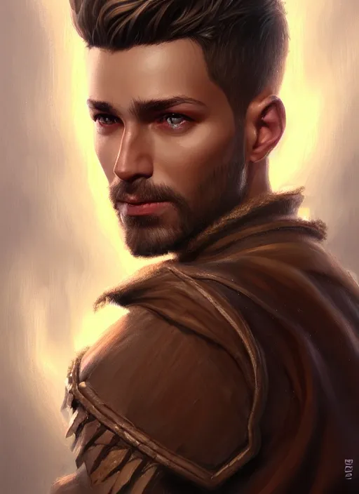 Image similar to a _ fantasy _ style _ portrait _ painting _ of wizard male, medium dark blonde pulled back side part and blonde stubble, brown eyes, rpg dnd oil _ painting _ unreal _ 5 _ daz. _ rpg _ portrait _ extremely _ detailed _ artgerm _ greg _ rutkowski _ greg