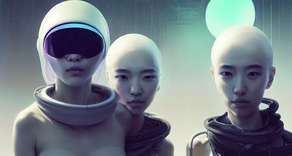 Prompt: portrait of yael shelbia and kang seul - gi, venus squid astronaut, burka, symetrical facial, white hair, intricate design details. cyberpunk, rioter, by ruan jia and beeple. smooth gradients, deep space.