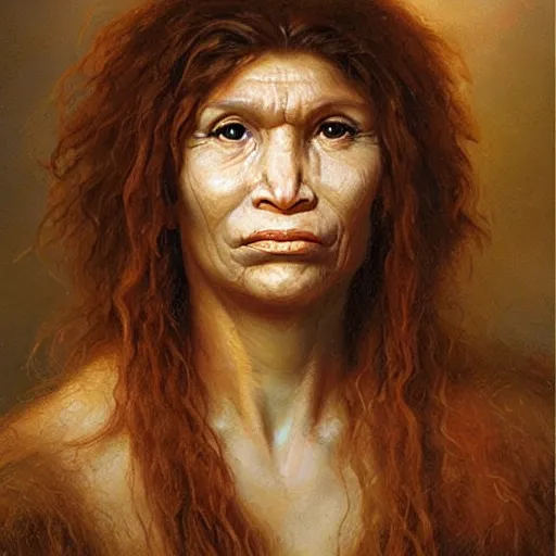 Prompt: portrait of a neanderthal woman ( 3 5 ) from spain, 5 0, 0 0 0 bce, an oil painting by ross tran and thomas kincade