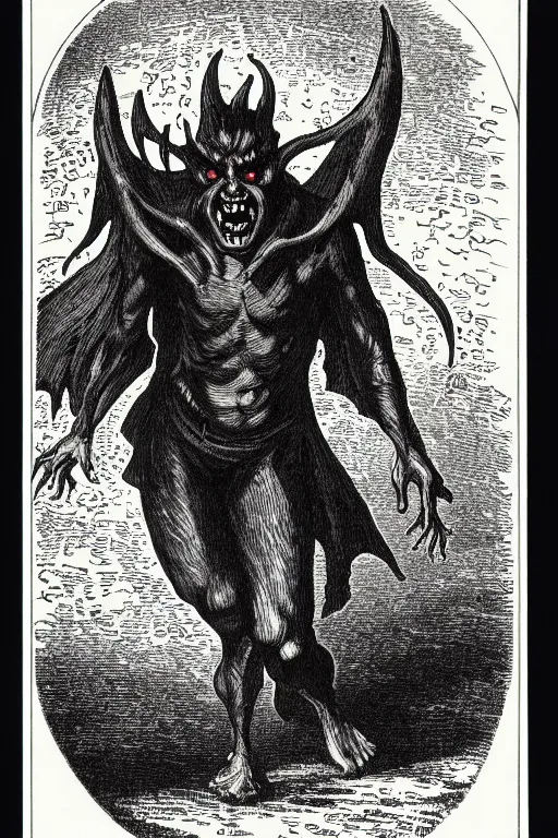 Prompt: the fresno nightcrawler, as a demon from the dictionarre infernal, pen - and - ink illustration, etching by louis le breton, 1 8 6 9, 1 2 0 0 dpi scan, ultrasharp detail, hq scan, intricate details, stylized border