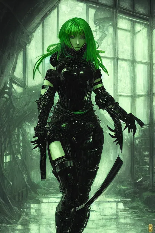 Image similar to portrait a Ninja gaiden girl, armored black and green ninja wardrobe, in ruin japanese rainny temple night, ssci-fi and fantasy, intricate and very very beautiful and elegant, highly detailed, digital painting, artstation, concept art, smooth and sharp focus, illustration, art by tian zi and WLOP and alphonse mucha