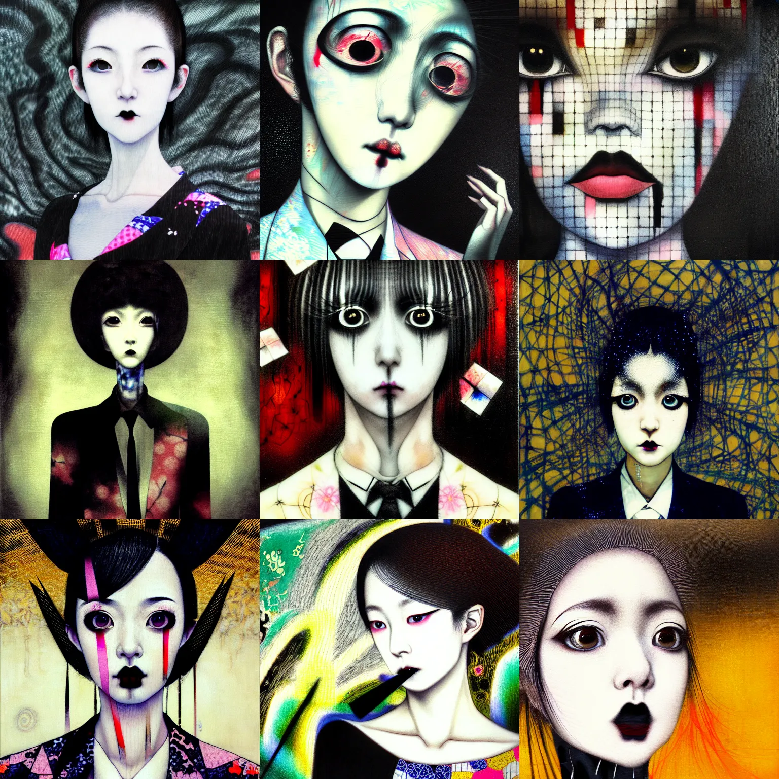 Image similar to yoshitaka amano blurred and dreamy realistic three quarter angle portrait of a young woman with black lipstick and black eyes wearing dress suit with tie, junji ito abstract patterns in the background, satoshi kon anime, noisy film grain effect, highly detailed, renaissance oil painting, weird portrait angle, blurred lost edges