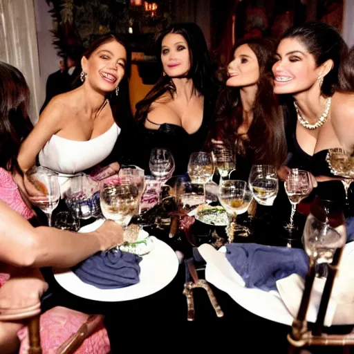 Image similar to candid group photo of sofia vergara, and salma hayek, and penelope cruz, and catherine zeta jones, and eva mendes, sitting around a long table at a dinner, laughing