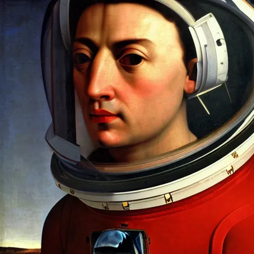 Prompt: close - up portrait of an astronaut. hyperdetailed caravaggio modigliani canaletto renaissance painting pre - raphaelitism retro unreal engine iridescent matte background 8 k hd resolution