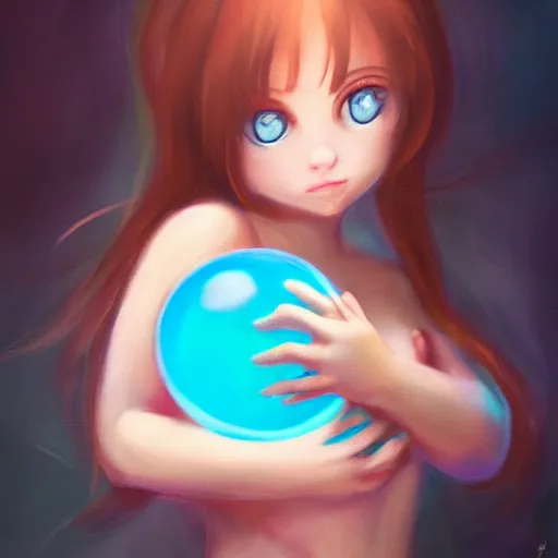 Image similar to cinematic portrait of cute Mew holding onto large blue bubble, oil on canvas, masterpiece, trending on artstation, featured on pixiv, cinematic composition, dramatic pose, beautiful lighting, sharp, details, hyper-detailed, HD, HDR, 4K, 8K