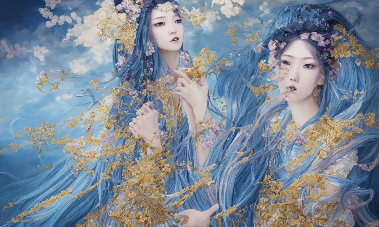 Image similar to breathtaking detailed painting by pilyeon and yuumei art, a full shot samurai queen with long flowing bright blue hair, gauze dress and pastel flowers petals and golden tumultuous clouds, symmetrical facial features, at dawn in front of a pristine golden art nouveau cathedral, elegant, highly detailed, artstation, concept art, matte, sharp focus,