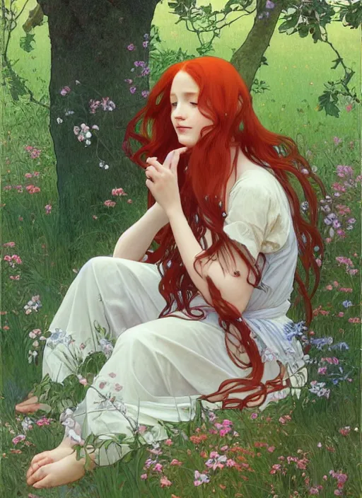 Image similar to pretty young woman resembling alicia vikander with long red hair, reading a book under a tree, path traced, highly detailed, high quality, digital painting, by studio ghibli and alphonse mucha, leesha hannigan, hidari, art nouveau, chiho aoshima, jules bastien - lepage