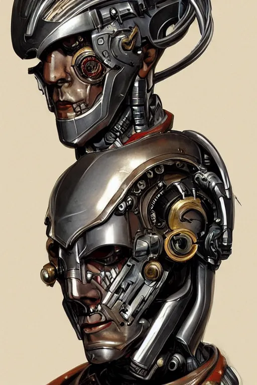 Prompt: futurist half human half robot soldier, art by leyendecker, head and shoulders portrait, blood, cyberpunk, cybernetic implants, warrior face paint, very intricate, award winning, extreme details