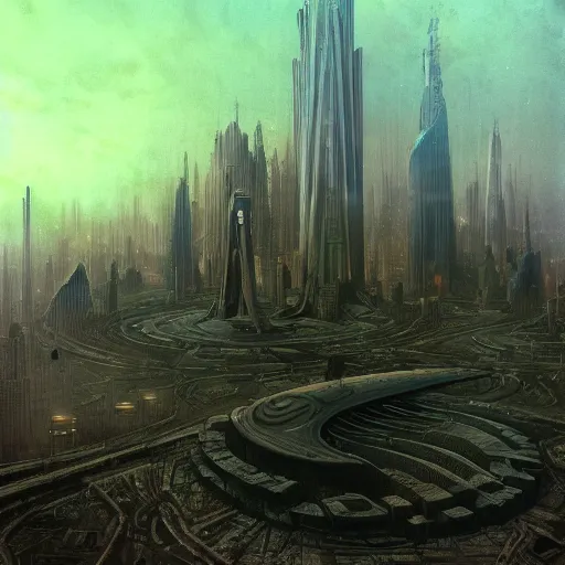 Prompt: distopian city scifi, futuristic distopia, distopia megaliths, journey across the urban district, neverland and the gateway between dreams by beksinski, ultra hd rendered, ultra realsim