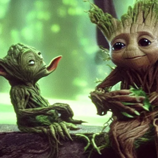 Image similar to Film still of Groot chilling out with Yoda, from Star Wars The Empire Strikes Back (1980)