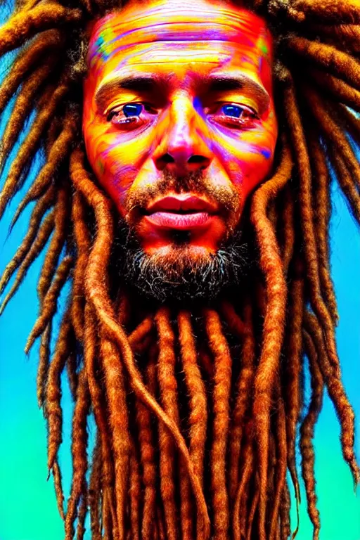 Image similar to hyperrealistic close - up portrait of psychedelic colorful acid neuro - shaman dreadlocks hippy highly detailed concept art eric zener elson peter cinematic hard lighting high angle hd 8 k sharp shallow depth of field, inspired by denis villeneuve and zdzisław beksinski