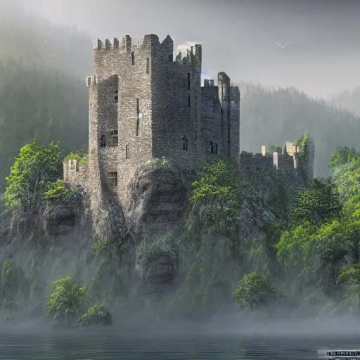 Image similar to a stone castle surrounded by lakes and trees, mist, fantasy, concept art, clear, crisp, sharp, extremely detailed, wallpaper