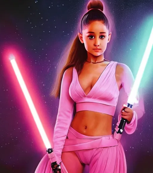 Image similar to A hyper realistic photo of Ariana Grande in the Star Wars universe with two pink lightsabers held in each hand. Maximum detail on artstation, photo realism