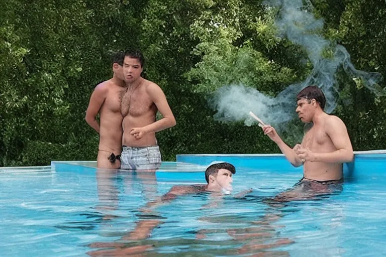 Prompt: a still of two guys smoking cigarettes while floating in a backyard pool in the video too many cooks